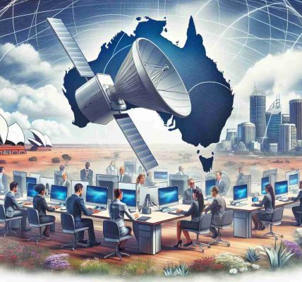 An illustrative rendering of a business setting in Australia. People of various descents such as Caucasian, Black, and Middle Eastern are seen using computers which are connected to the internet via a satellite signal. The satellite itself can be seen high in the sky, hinting at the advanced technology that provides internet connection across the country. The Australian landscape is visible in the background with the iconic Outback desert and Sydney Opera House. This image represents the launch of satellite internet for businesses across Australia.