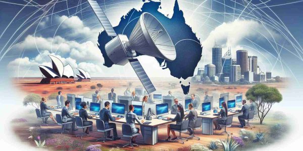 An illustrative rendering of a business setting in Australia. People of various descents such as Caucasian, Black, and Middle Eastern are seen using computers which are connected to the internet via a satellite signal. The satellite itself can be seen high in the sky, hinting at the advanced technology that provides internet connection across the country. The Australian landscape is visible in the background with the iconic Outback desert and Sydney Opera House. This image represents the launch of satellite internet for businesses across Australia.