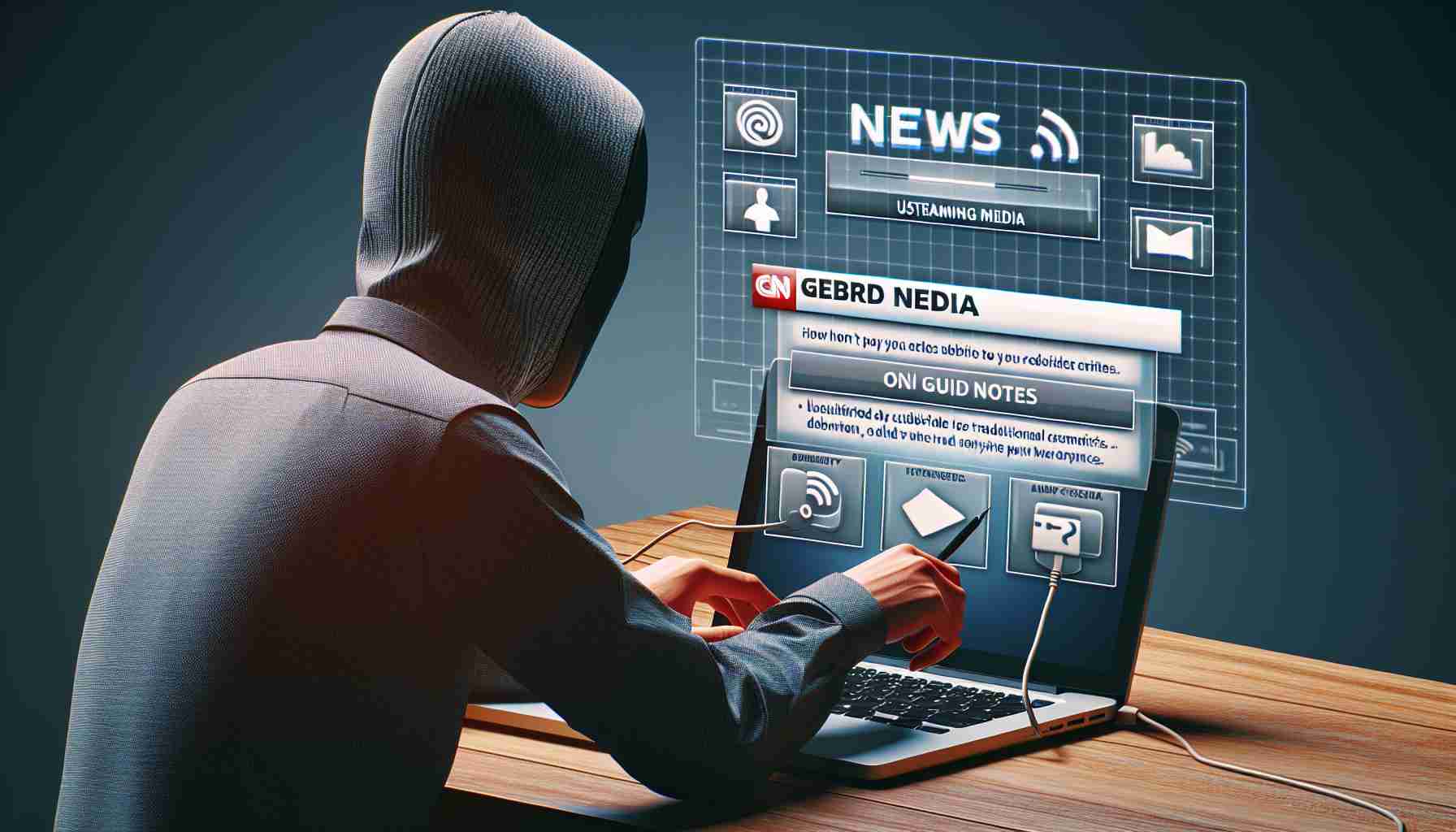 High-definition realistic image of an anonymous person using a generic news platform on a laptop. The person is a cord-cutter, indicating they do not subscribe to traditional pay-TV services. Illustrated guide notes should include tips for utilizing streaming media to access online news content.