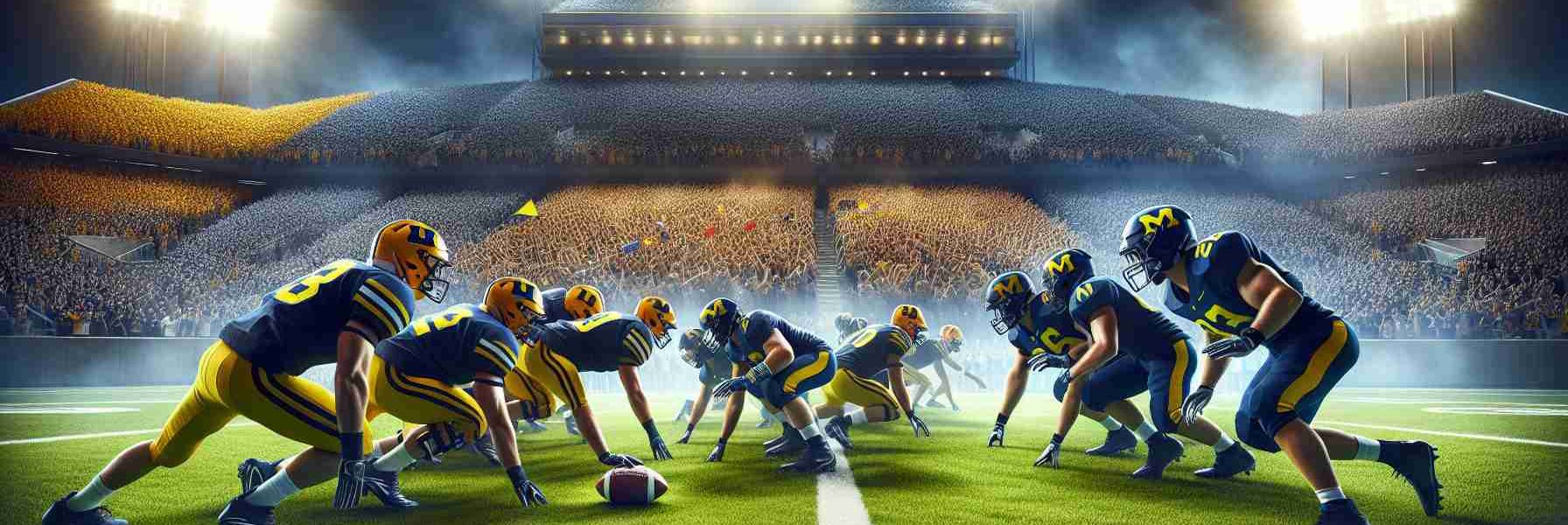 Realistic high definition image portraying an exciting college football showdown between two rival American university teams, represented by the colors maize and azure for one team, and navy and orange for the other. The image features an action-packed scene on a lush green playing field, under bright stadium lights, with players involved in an intense scrimmage centering around the pigskin. A massive crowd filled with energetic college students and enthusiastic fans is visible in the background, roaring and cheering, heightening the atmosphere.