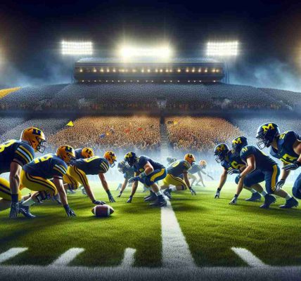 Realistic high definition image portraying an exciting college football showdown between two rival American university teams, represented by the colors maize and azure for one team, and navy and orange for the other. The image features an action-packed scene on a lush green playing field, under bright stadium lights, with players involved in an intense scrimmage centering around the pigskin. A massive crowd filled with energetic college students and enthusiastic fans is visible in the background, roaring and cheering, heightening the atmosphere.