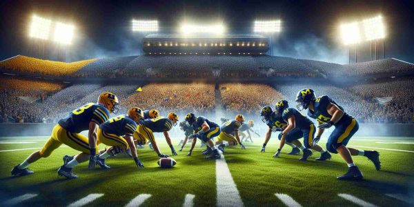 Realistic high definition image portraying an exciting college football showdown between two rival American university teams, represented by the colors maize and azure for one team, and navy and orange for the other. The image features an action-packed scene on a lush green playing field, under bright stadium lights, with players involved in an intense scrimmage centering around the pigskin. A massive crowd filled with energetic college students and enthusiastic fans is visible in the background, roaring and cheering, heightening the atmosphere.