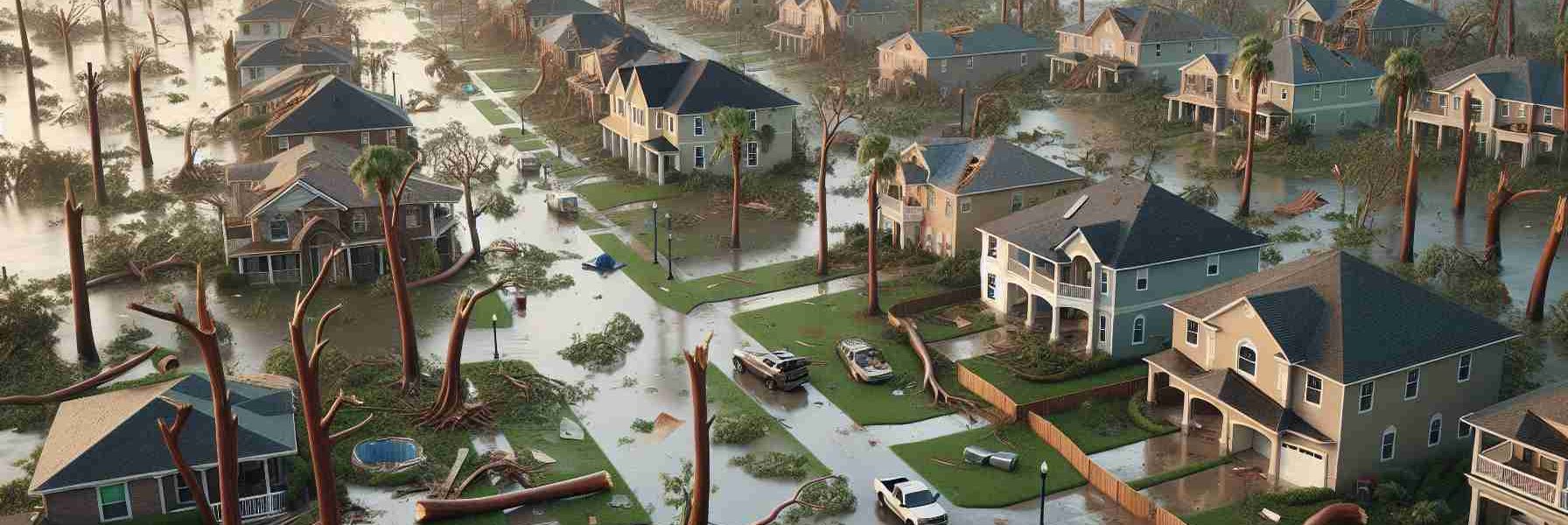 Depict a realistic, high-resolution image of the aftermath of a significant hurricane, named Milton, in Florida. Please include scenes of residential areas with the typical Floridian architecture showing evidence of weather impact like fallen trees, wind-damaged buildings, and flooded streets. The sky should still be overcast, hinting at the receding storm. Please ensure to respect the gravity of such natural disasters and avoid any depiction that could be seen as offensive.