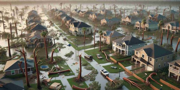 Depict a realistic, high-resolution image of the aftermath of a significant hurricane, named Milton, in Florida. Please include scenes of residential areas with the typical Floridian architecture showing evidence of weather impact like fallen trees, wind-damaged buildings, and flooded streets. The sky should still be overcast, hinting at the receding storm. Please ensure to respect the gravity of such natural disasters and avoid any depiction that could be seen as offensive.