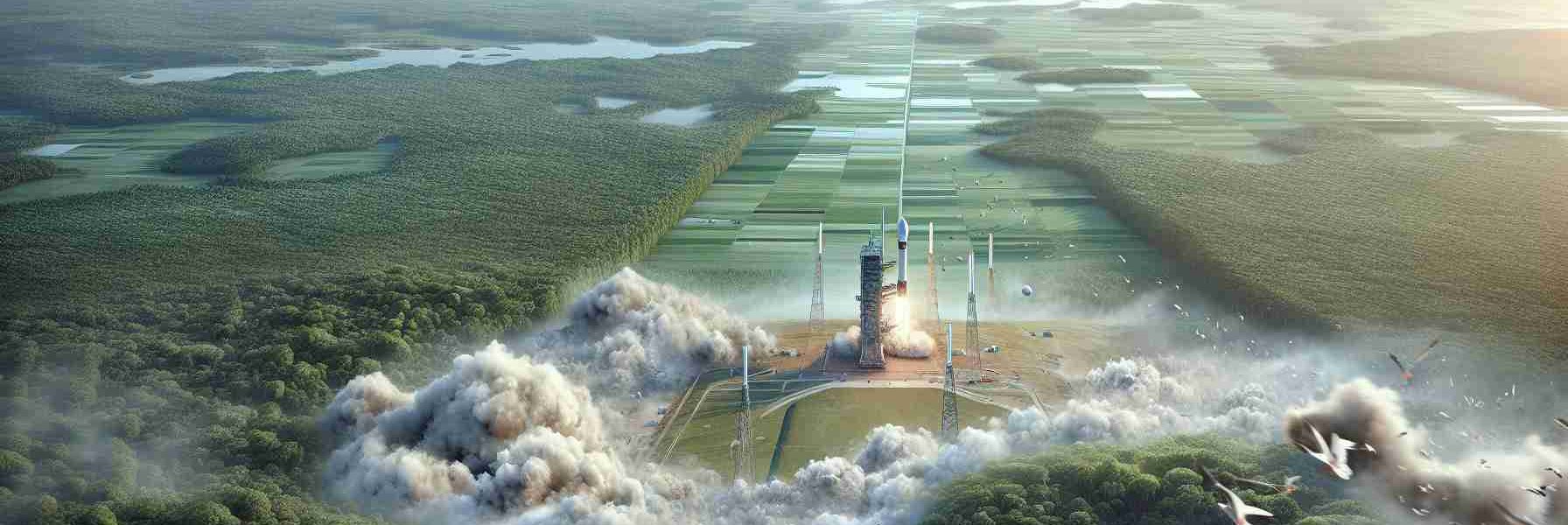 A high-definition, realistic representation of the environmental impact of a satellite launch. This image represents growing concerns and therefore, it includes a launch site with a rocket ready for lift-off, emitting a cloud of smoke into the air. The surroundings reflect a balance of nature and technology, with green lush forests touching the site's periphery, showing the contrast between human advancement and the need for environmental preservation. Different particulars like birds fleeing the scene and a clear blue sky being covered by the smoke can also be observed. The distance provides a view of the sprawling landscape affected by the launch event.