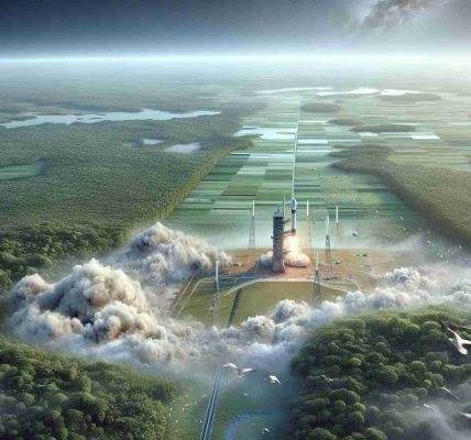 A high-definition, realistic representation of the environmental impact of a satellite launch. This image represents growing concerns and therefore, it includes a launch site with a rocket ready for lift-off, emitting a cloud of smoke into the air. The surroundings reflect a balance of nature and technology, with green lush forests touching the site's periphery, showing the contrast between human advancement and the need for environmental preservation. Different particulars like birds fleeing the scene and a clear blue sky being covered by the smoke can also be observed. The distance provides a view of the sprawling landscape affected by the launch event.