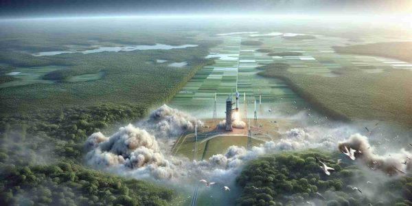 A high-definition, realistic representation of the environmental impact of a satellite launch. This image represents growing concerns and therefore, it includes a launch site with a rocket ready for lift-off, emitting a cloud of smoke into the air. The surroundings reflect a balance of nature and technology, with green lush forests touching the site's periphery, showing the contrast between human advancement and the need for environmental preservation. Different particulars like birds fleeing the scene and a clear blue sky being covered by the smoke can also be observed. The distance provides a view of the sprawling landscape affected by the launch event.