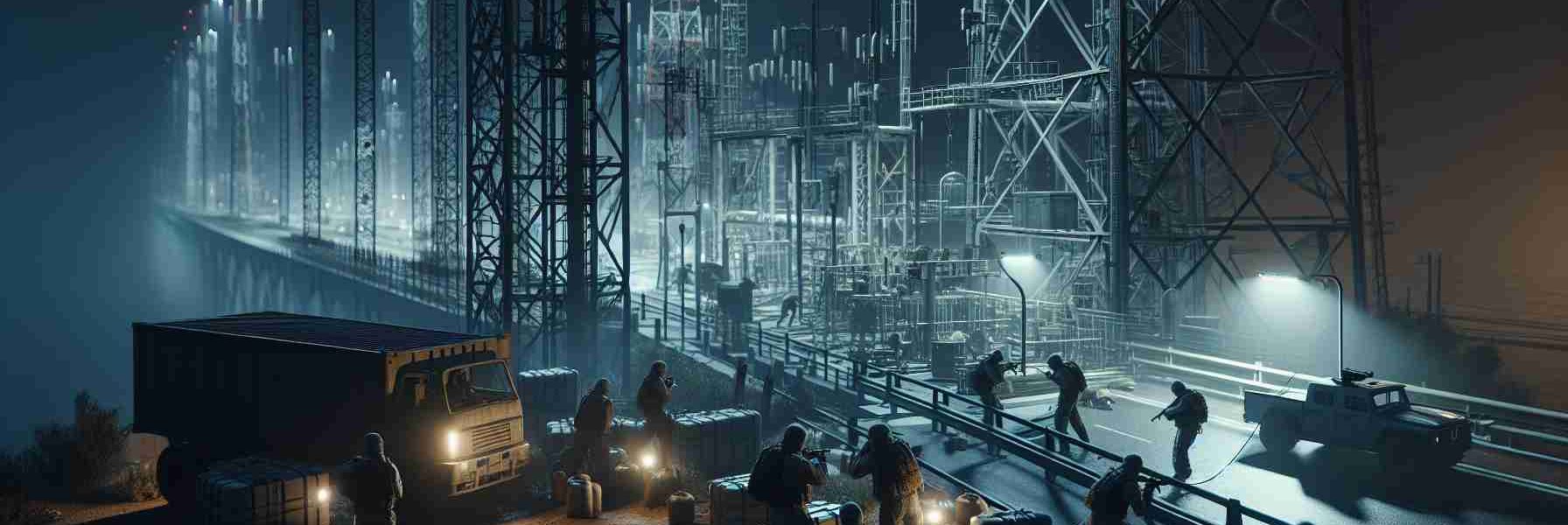 Detailed and realistic high-definition image of an infrastructure sabotage scene near an international border. The scene depicts a secretive operation unfolding during the night, with figures dressed in covert attire attempting to tamper with large, industrial structures such as communication towers and bridges. The environment is tense and conveys a sense of looming danger.