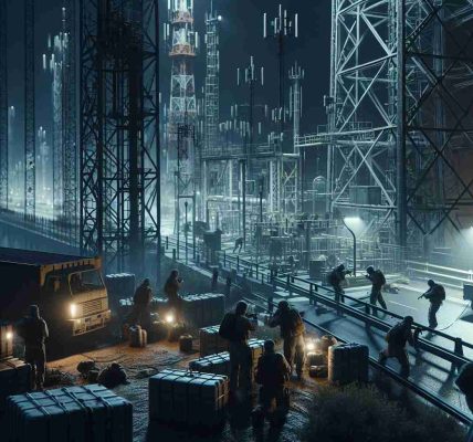 Detailed and realistic high-definition image of an infrastructure sabotage scene near an international border. The scene depicts a secretive operation unfolding during the night, with figures dressed in covert attire attempting to tamper with large, industrial structures such as communication towers and bridges. The environment is tense and conveys a sense of looming danger.