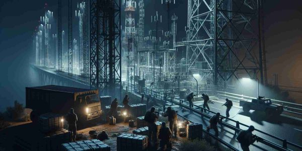 Detailed and realistic high-definition image of an infrastructure sabotage scene near an international border. The scene depicts a secretive operation unfolding during the night, with figures dressed in covert attire attempting to tamper with large, industrial structures such as communication towers and bridges. The environment is tense and conveys a sense of looming danger.