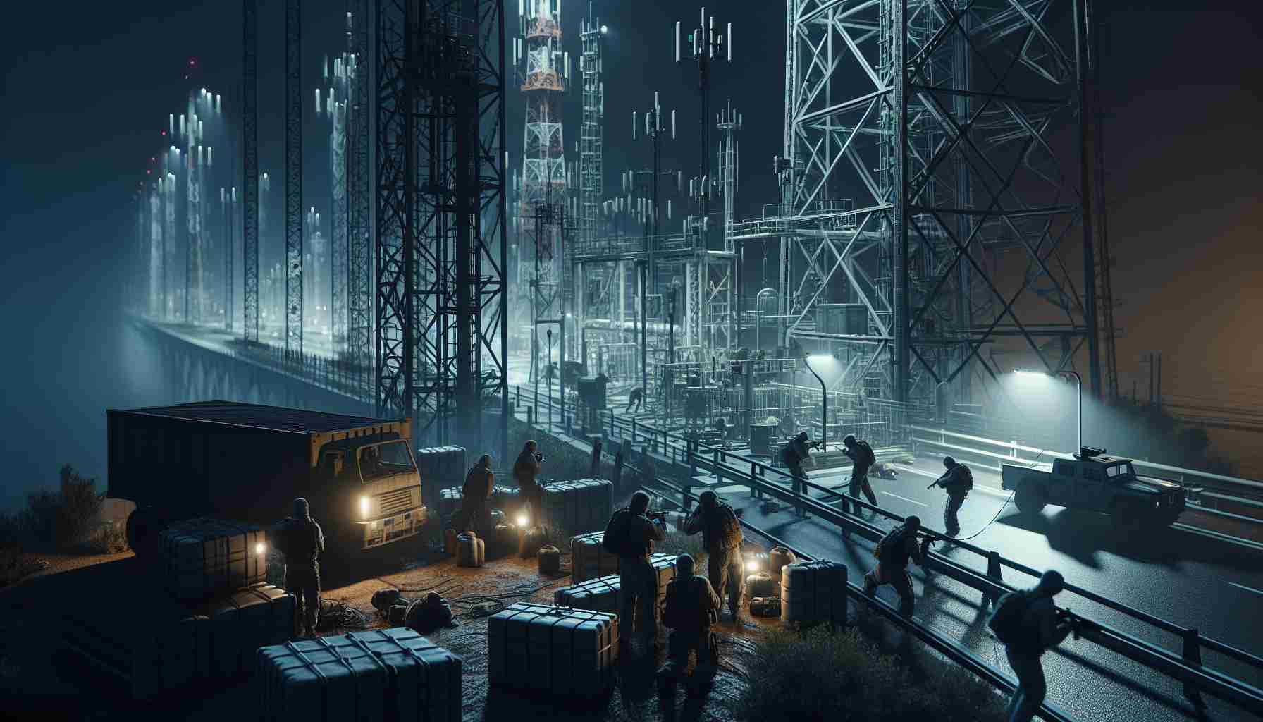 Detailed and realistic high-definition image of an infrastructure sabotage scene near an international border. The scene depicts a secretive operation unfolding during the night, with figures dressed in covert attire attempting to tamper with large, industrial structures such as communication towers and bridges. The environment is tense and conveys a sense of looming danger.