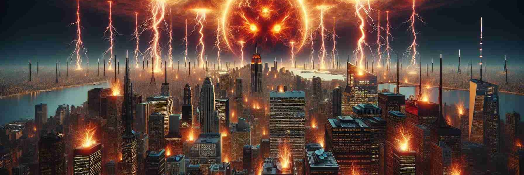 Realistic, high-definition depiction of the impact of solar activity on New York City's communications systems. Showcase the cityscape with skyscrapers equipped with various antennae and satellite dishes. Illustrate disturbances in the form of random static and signal disruptions evident on digital screens. Include the solar activity in the form of a gigantic, fiery sun casting an eerie, threatening glow over the city, with sporadic plasma flares extending outwards and symbolically 'reaching' towards the city’s communication devices.