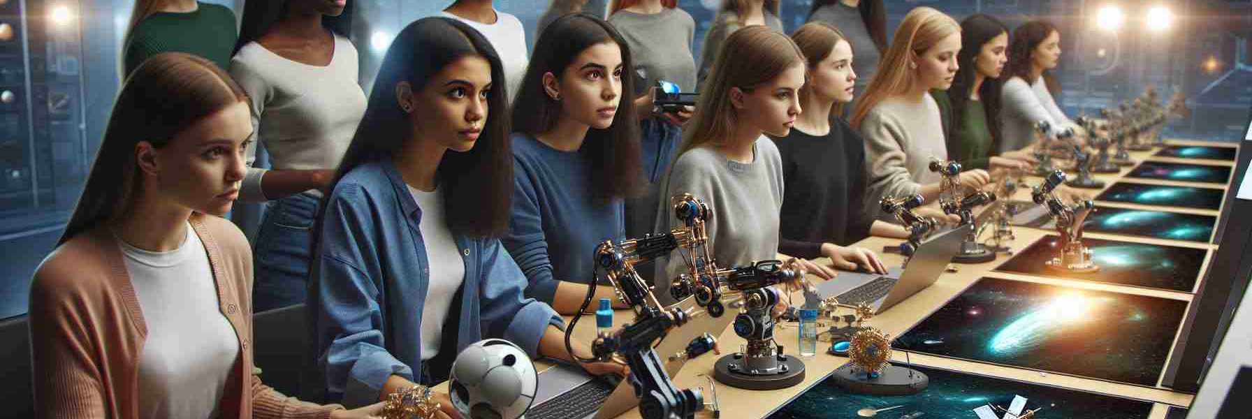 A high-definition, realistic picture of a group of empowered young women from diverse backgrounds engaging with Space Technology. This would include Caucasian, Black, Hispanic, Middle-Eastern, and South Asian women, all working together. The setting takes place in a modern technology lab filled with futuristic technology like telescopes, star maps, computers with galaxy images, and spacecraft designs. The young women are actively involved in discussions, controlling robotic arms, testing satellite models, and studying celestial bodies, all with a look of concentration and determination.