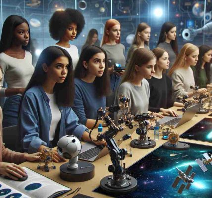 A high-definition, realistic picture of a group of empowered young women from diverse backgrounds engaging with Space Technology. This would include Caucasian, Black, Hispanic, Middle-Eastern, and South Asian women, all working together. The setting takes place in a modern technology lab filled with futuristic technology like telescopes, star maps, computers with galaxy images, and spacecraft designs. The young women are actively involved in discussions, controlling robotic arms, testing satellite models, and studying celestial bodies, all with a look of concentration and determination.