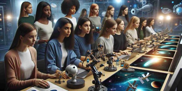 A high-definition, realistic picture of a group of empowered young women from diverse backgrounds engaging with Space Technology. This would include Caucasian, Black, Hispanic, Middle-Eastern, and South Asian women, all working together. The setting takes place in a modern technology lab filled with futuristic technology like telescopes, star maps, computers with galaxy images, and spacecraft designs. The young women are actively involved in discussions, controlling robotic arms, testing satellite models, and studying celestial bodies, all with a look of concentration and determination.