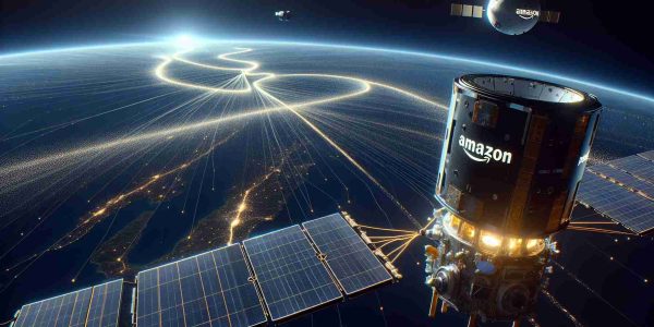 A high definition, realistic depiction of Project Kuiper, Amazon's Satellite Venture. The image exhibits a network of satellites in space, connected by beams of light, signifying their interconnected network. One of the satellites is highlighted, bearing the inscription 'Project Kuiper'. In the distant background, beneath the expanse of space, you can see a 3D representation of a winding, long road which symbolizes the metaphorical long road ahead for the project.