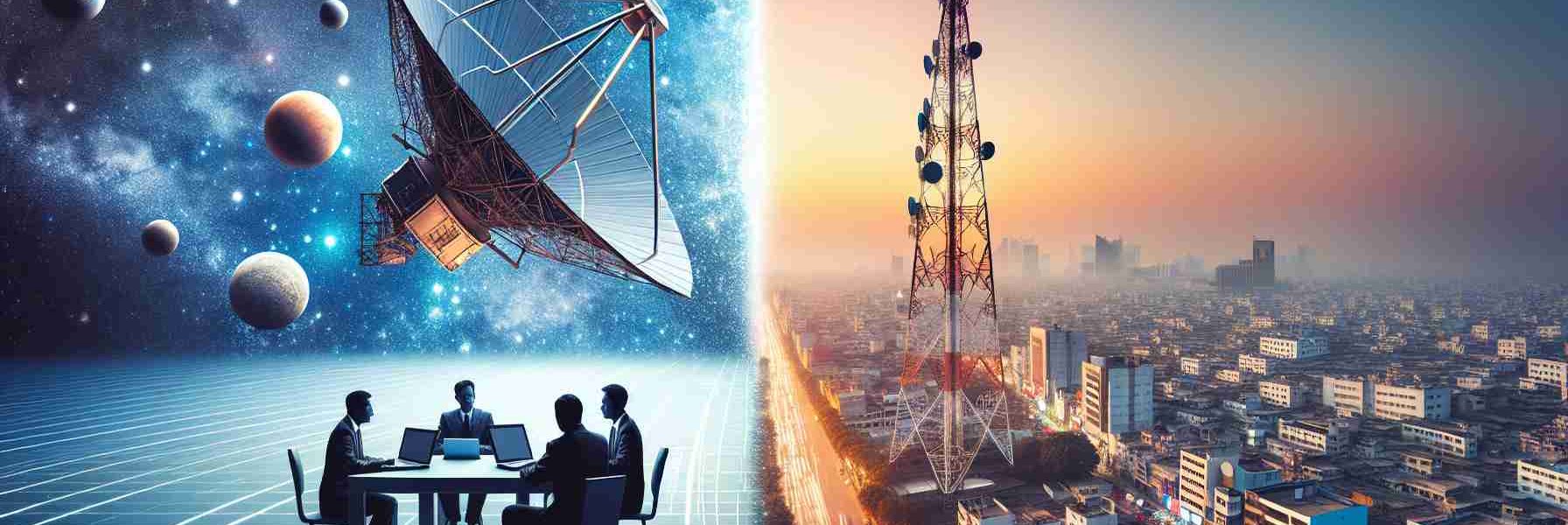 A conceptual high-definition image representing competition in the internet landscape of a generic South Asian country. It could be a split-screen style image, with one side showing a technologically advanced satellite against the backdrop of outer space, representing an ambitious tech entrepreneur's drive to bring internet access via space technology. On the other side, the image could depict a large telecommunications tower amidst a bustling cityscape, symbolising a local telecom tycoon's efforts to dominate the traditional internet market.