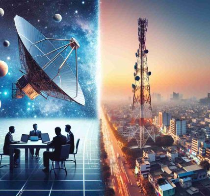 A conceptual high-definition image representing competition in the internet landscape of a generic South Asian country. It could be a split-screen style image, with one side showing a technologically advanced satellite against the backdrop of outer space, representing an ambitious tech entrepreneur's drive to bring internet access via space technology. On the other side, the image could depict a large telecommunications tower amidst a bustling cityscape, symbolising a local telecom tycoon's efforts to dominate the traditional internet market.