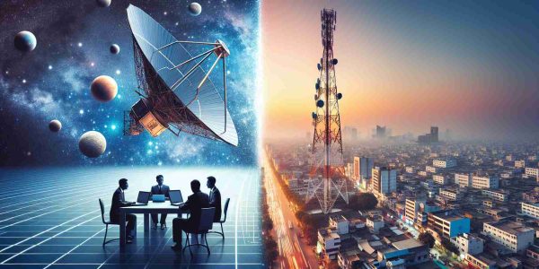 A conceptual high-definition image representing competition in the internet landscape of a generic South Asian country. It could be a split-screen style image, with one side showing a technologically advanced satellite against the backdrop of outer space, representing an ambitious tech entrepreneur's drive to bring internet access via space technology. On the other side, the image could depict a large telecommunications tower amidst a bustling cityscape, symbolising a local telecom tycoon's efforts to dominate the traditional internet market.