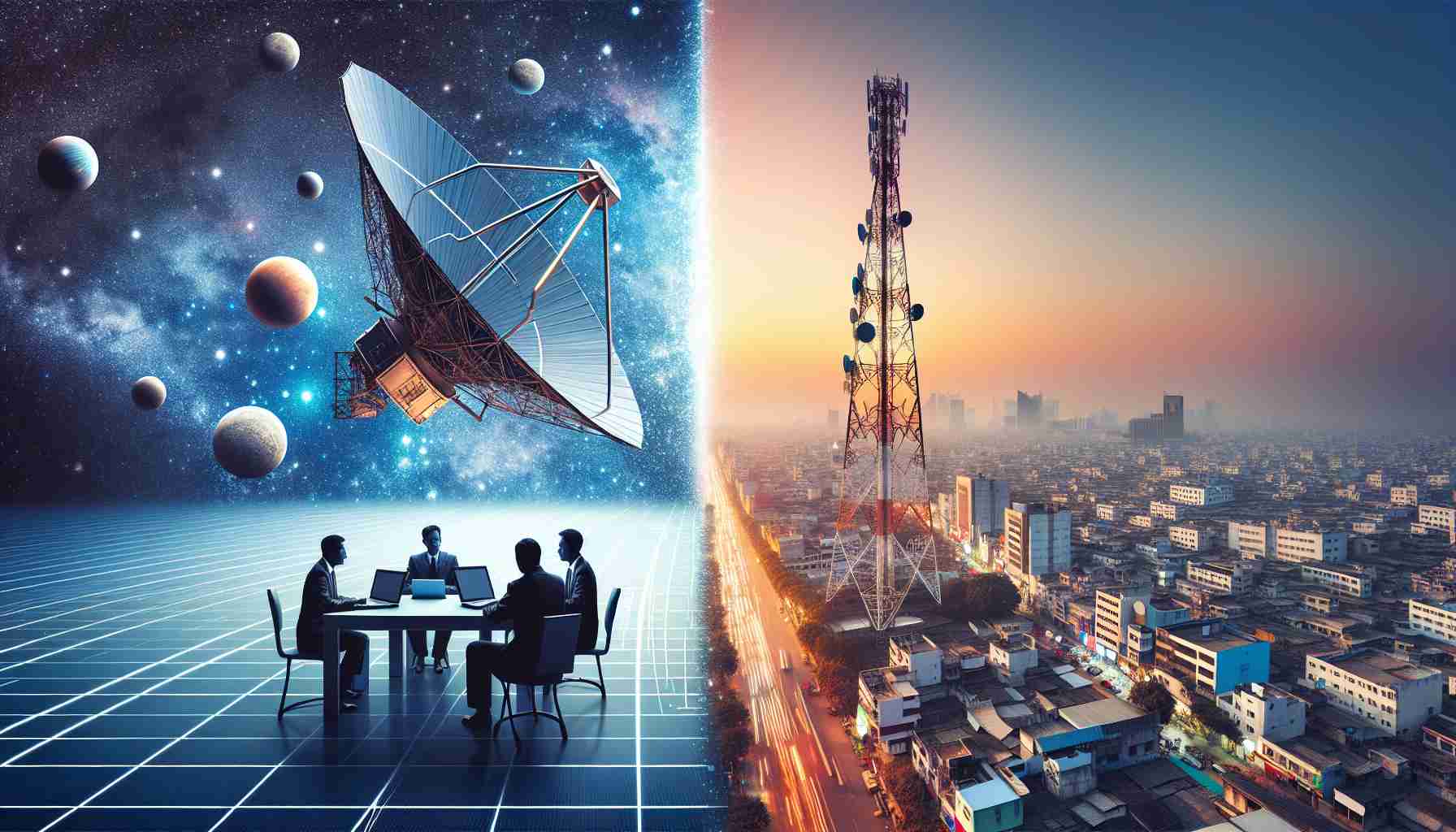 A conceptual high-definition image representing competition in the internet landscape of a generic South Asian country. It could be a split-screen style image, with one side showing a technologically advanced satellite against the backdrop of outer space, representing an ambitious tech entrepreneur's drive to bring internet access via space technology. On the other side, the image could depict a large telecommunications tower amidst a bustling cityscape, symbolising a local telecom tycoon's efforts to dominate the traditional internet market.