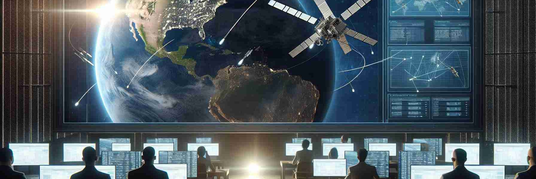 Create a high-definition, realistic illustration of the announcement of the expansion of a missile-tracking satellite program. Include a digital representation of the Earth from space. Also, capture the increased number of satellites orbiting Earth, these satellites highlight the expansion. Additionally, feature a large screen displaying graphical data and trajectories of incoming objects. The realistic image should also portray a room full of technology specialists of different genders and descents including Asian, Hispanic, Caucasian, and Middle Eastern, operating the satellite monitoring system.