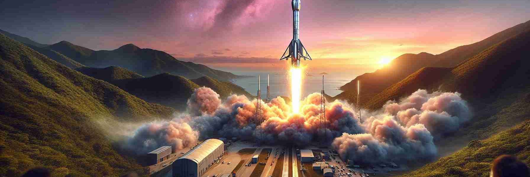 Create a realistic HD representation of Hong Kong's groundbreaking AI satellite launch. Depict the satellite, streamlined and futuristic, being launched into the sky. Show the immense burst of fire from the rocket, driving the satellite off its pad. The launch pad lies amidst lush hills, under a sky filled with the pinks and blues of a setting sun. People, a diverse group of Asian, Caucasian and Hispanic engineers, are seen in the foreground, watching the spectacle with a mix of anticipation and accomplishment.