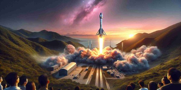 Create a realistic HD representation of Hong Kong's groundbreaking AI satellite launch. Depict the satellite, streamlined and futuristic, being launched into the sky. Show the immense burst of fire from the rocket, driving the satellite off its pad. The launch pad lies amidst lush hills, under a sky filled with the pinks and blues of a setting sun. People, a diverse group of Asian, Caucasian and Hispanic engineers, are seen in the foreground, watching the spectacle with a mix of anticipation and accomplishment.