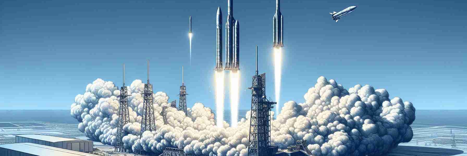 Detailed rendition of a significant event where an aerospace engineering company successfully demonstrated a major achievement by launching two rockets simultaneously. The scene showcases the rockets soaring high into the cloudless blue sky from the launch pad, leaving behind a trail of smoke. The intricate details of the rockets are clearly visible, highlighting the sophistication of modern space technology.