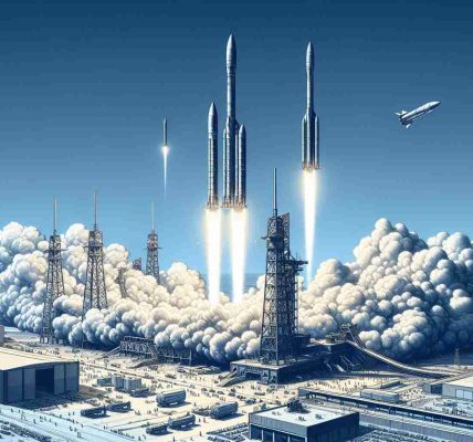 Detailed rendition of a significant event where an aerospace engineering company successfully demonstrated a major achievement by launching two rockets simultaneously. The scene showcases the rockets soaring high into the cloudless blue sky from the launch pad, leaving behind a trail of smoke. The intricate details of the rockets are clearly visible, highlighting the sophistication of modern space technology.