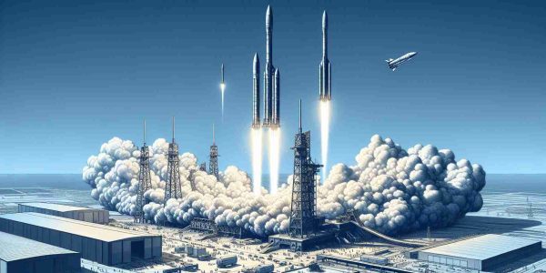 Detailed rendition of a significant event where an aerospace engineering company successfully demonstrated a major achievement by launching two rockets simultaneously. The scene showcases the rockets soaring high into the cloudless blue sky from the launch pad, leaving behind a trail of smoke. The intricate details of the rockets are clearly visible, highlighting the sophistication of modern space technology.