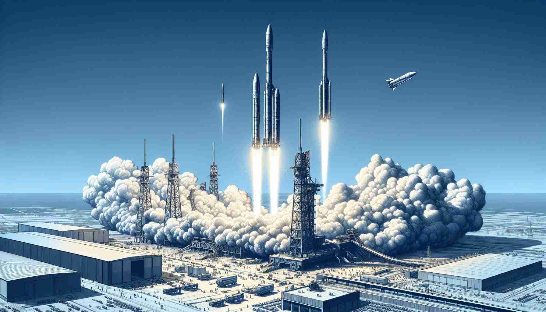 Detailed rendition of a significant event where an aerospace engineering company successfully demonstrated a major achievement by launching two rockets simultaneously. The scene showcases the rockets soaring high into the cloudless blue sky from the launch pad, leaving behind a trail of smoke. The intricate details of the rockets are clearly visible, highlighting the sophistication of modern space technology.