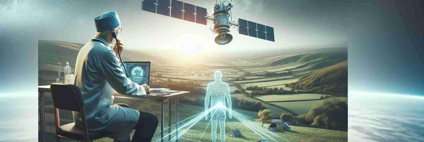 Create a realistic HD image depicting the enhancement of remote healthcare through the use of satellite technology. Show a medical professional in a rural landscape using advanced tech equipment to communicate remotely with a patient. The data is relayed to an orbiting satellite, symbolizing the connectivity across vast distances.