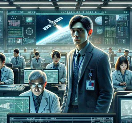 Detailed, realistic, high-definition image depicting a concerned group of scientists in Taiwan. The scientists, a mix of Taiwanese men and women, are in a high-tech control room filled with screens and data. The main screen in the center displays a digital graphic of a satellite. The underlying theme suggests caution as they monitor a scheduled satellite launch.