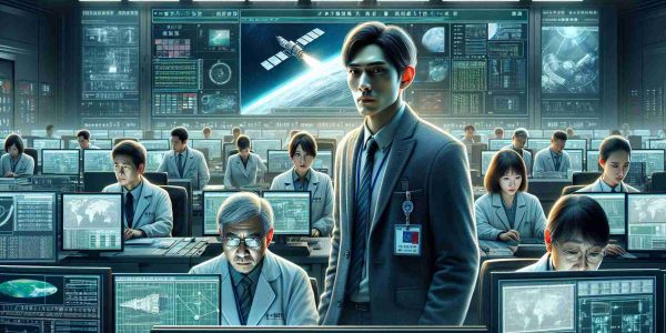 Detailed, realistic, high-definition image depicting a concerned group of scientists in Taiwan. The scientists, a mix of Taiwanese men and women, are in a high-tech control room filled with screens and data. The main screen in the center displays a digital graphic of a satellite. The underlying theme suggests caution as they monitor a scheduled satellite launch.