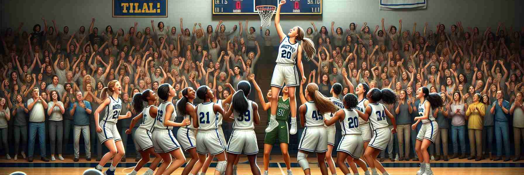 A high-definition, lifelike illustration capturing the thrilling moment when a women's high school basketball team known as the Lady Mustangs secure their 20th district title. The gymnasium buzzes with crowd's excitement, focused on the triumphant athletes in Mustang-themed uniforms. South Asian, Caucasian, Hispanic, and Black players together showcase a breathtaking display of athleticism and solidarity. The scoreboard reflects the winning score, and a banner symbolizing the district title flutters overhead. Their performance is so brilliant that it appears almost stellar, suffusing the scene with a sense of awe and admiration.