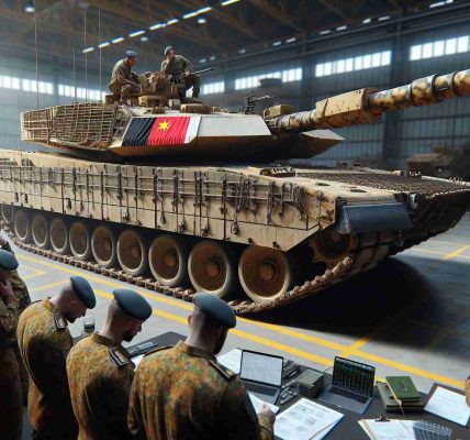 High definition realistic image of an unidentified country's military analysts scrutinizing a captured Leopard tank, associated with a different unnamed country, at a crucial military facility.