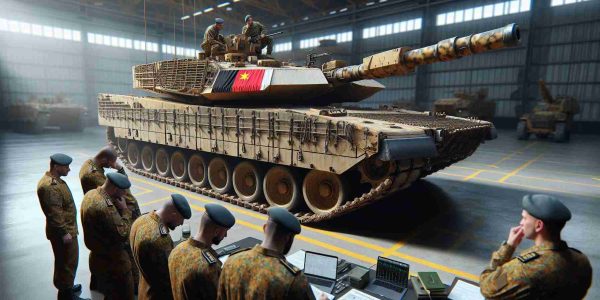 High definition realistic image of an unidentified country's military analysts scrutinizing a captured Leopard tank, associated with a different unnamed country, at a crucial military facility.