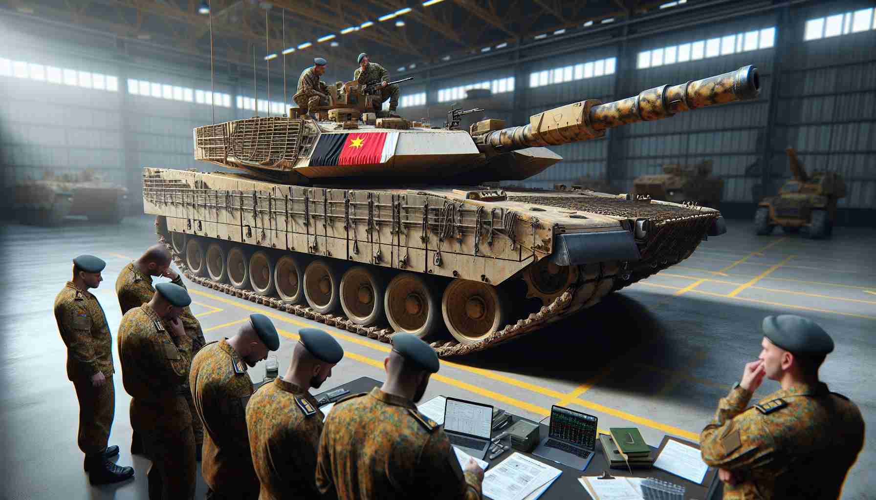 High definition realistic image of an unidentified country's military analysts scrutinizing a captured Leopard tank, associated with a different unnamed country, at a crucial military facility.