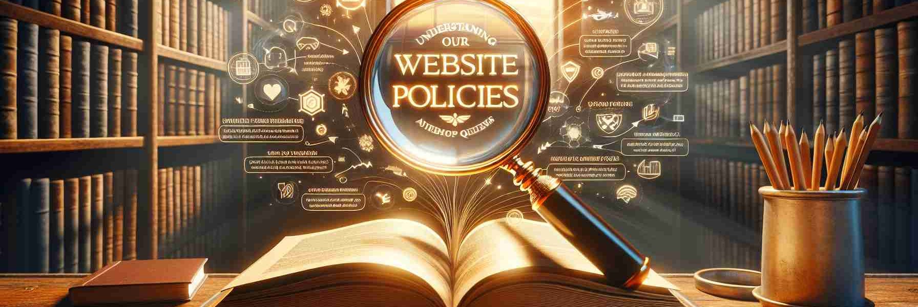 A realistic, high definition image depicting the concept of understanding our website policies. Picture a large book opened at the center, revealing illuminated text about 'Website Policies'. The book sits on a vintage oak desk surrounded by an atmospheric library setting. A magnifying glass hovers above the open pages, symbolizing the process of careful scrutiny. An infographic-style bubble is floating on the side, containing simple, user-friendly summaries of the key website policies. A setting sun streams through an arched window, casting a warm, golden glow on the scene.