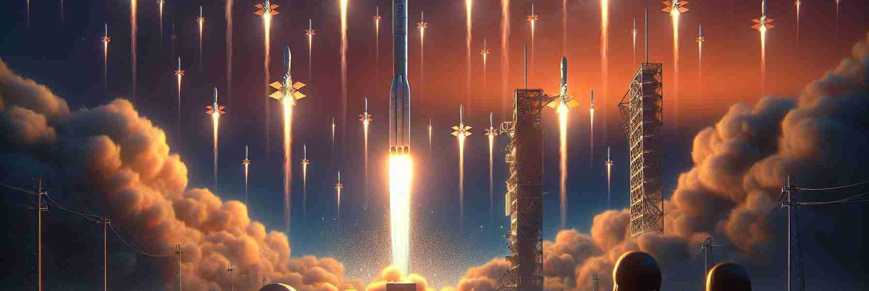 Generate a realistic high-definition image of the successful launch of Starlink satellites, marking a new milestone. The liftoff should be happening at dusk, with an orange-hued sky as a backdrop. An array of multiple satellites is characterized by their sleek and elongated form, disengaging from the rocket. The rocet's colossal force cracks the sky, creating a prominent plume of smoke. Satellites are piercing through space, resembling luminous pebbles strewn across the deep indigo abyss. A few onlookers, including a female East Asian scientist and a male Middle-Eastern engineer, are in the foreground observing this triumphant event.