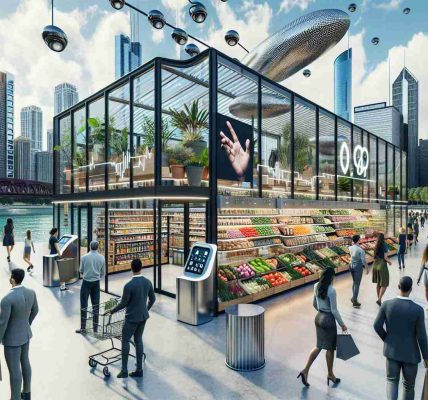 Generate a high-definition realistic image of an innovative grocery store concept in a bustling city context, identifiable as Chicago by its iconic elements like its skyline and the Cloud Gate Sculpture. The grocery store should show advanced technologies like touch screens for product information, automated checkouts, and digital price tags. The store should embrace a sustainable eco-friendly theme with plenty of plant life, solar panels, recycling bins, and majority of products being organic or locally sourced. Include a diverse crowd of Caucasian, Hispanic, Black, Middle-Eastern, South Asian, and White individuals of different genders shopping around.