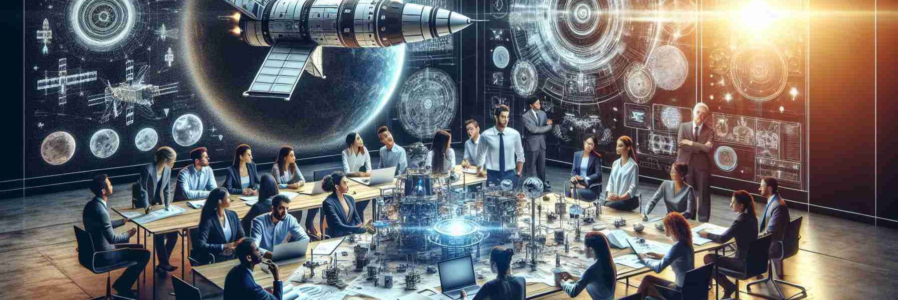 An ultra-high definition, photorealistic illustration of a collaboration between innovative tech companies. The companies are focused on developing a brand new space program. The scene showcases a diverse range of professionals, with half being female, and including the descent representation of Caucasian, Hispanic, Black, Middle-Eastern, and South Asian people. They are brainstorming and planning, surrounded by blueprints, diagrams and models of futuristic spacecraft, satellites, and space rovers. An atmosphere of cutting-edge technology and scientific breakthroughs pervades the room.