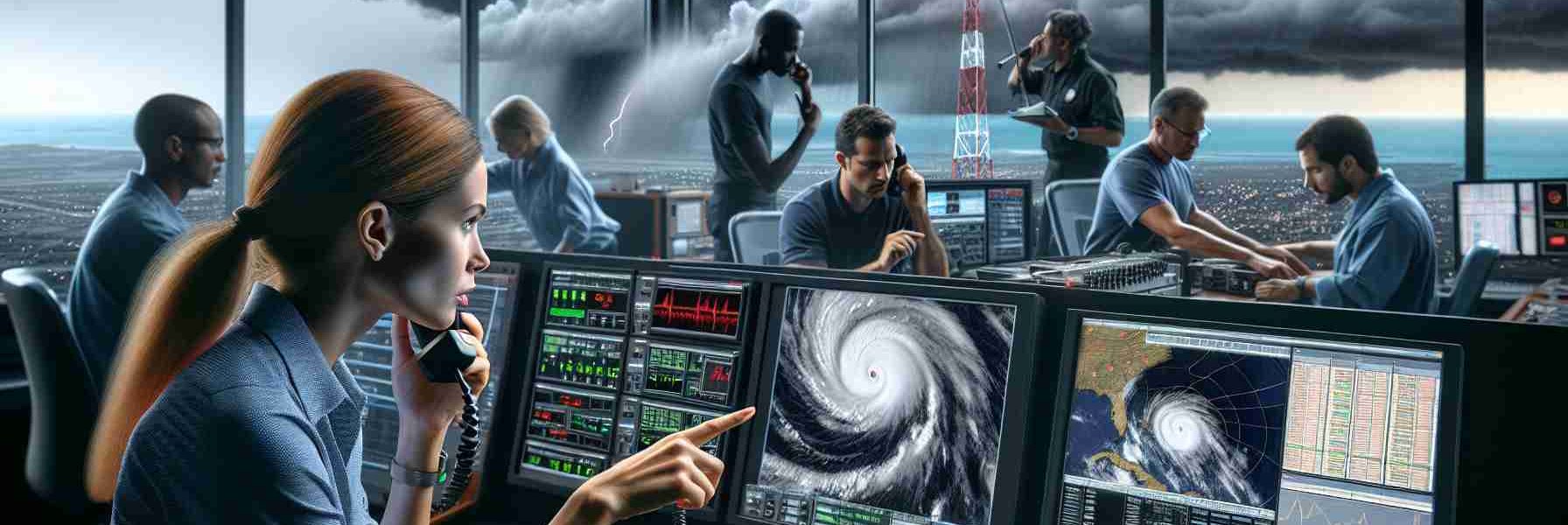 A realistic, high-definition photo portraying a scene of enhanced emergency communication during the hurricane season. In the foreground, a Caucasian female meteorologist pointing to a radar screen that shows an incoming hurricane. In the background, viewers can spot a room full of diverse emergency personnel: a Black male technician checking communication equipment, an Asian female coordinating responses on a radio, and a Middle-Eastern male inputting data into a computer. Outside the window, dark, ominous clouds hint at the impending storm.