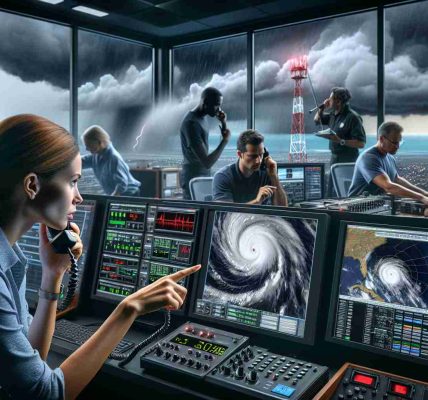 A realistic, high-definition photo portraying a scene of enhanced emergency communication during the hurricane season. In the foreground, a Caucasian female meteorologist pointing to a radar screen that shows an incoming hurricane. In the background, viewers can spot a room full of diverse emergency personnel: a Black male technician checking communication equipment, an Asian female coordinating responses on a radio, and a Middle-Eastern male inputting data into a computer. Outside the window, dark, ominous clouds hint at the impending storm.