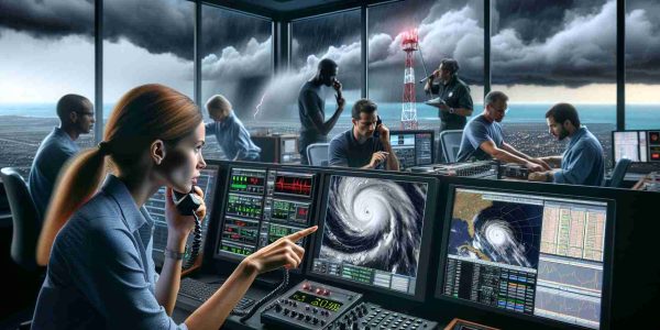 A realistic, high-definition photo portraying a scene of enhanced emergency communication during the hurricane season. In the foreground, a Caucasian female meteorologist pointing to a radar screen that shows an incoming hurricane. In the background, viewers can spot a room full of diverse emergency personnel: a Black male technician checking communication equipment, an Asian female coordinating responses on a radio, and a Middle-Eastern male inputting data into a computer. Outside the window, dark, ominous clouds hint at the impending storm.