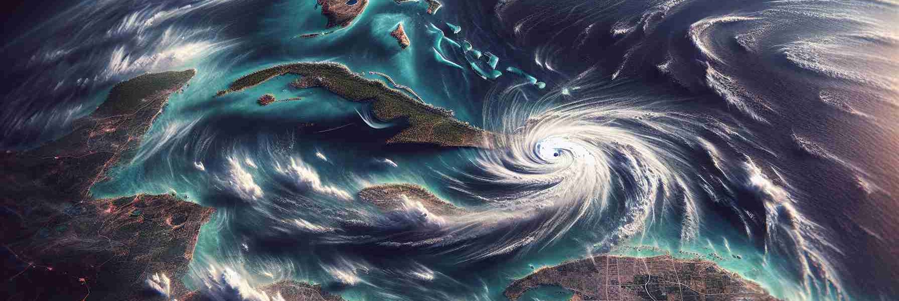 Generate a high definition, realistic representation of the path of Hurricane Oscar. The focus should be on its increased intensity as it passes over the island nation of Cuba. Geographical features such as terrain, buildings, and vegetation should be visible. Weather elements such as swirling storm clouds, intense rain, and wind effects should be highlighted to showcase the power of the storm.