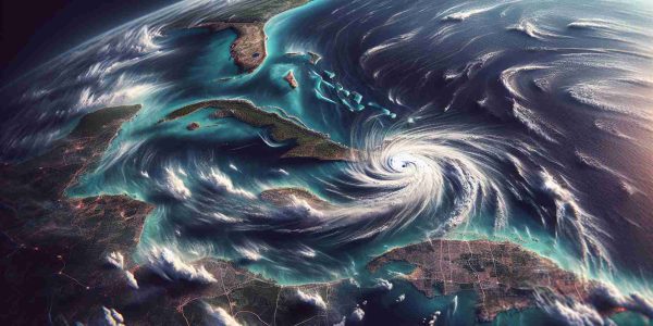 Generate a high definition, realistic representation of the path of Hurricane Oscar. The focus should be on its increased intensity as it passes over the island nation of Cuba. Geographical features such as terrain, buildings, and vegetation should be visible. Weather elements such as swirling storm clouds, intense rain, and wind effects should be highlighted to showcase the power of the storm.