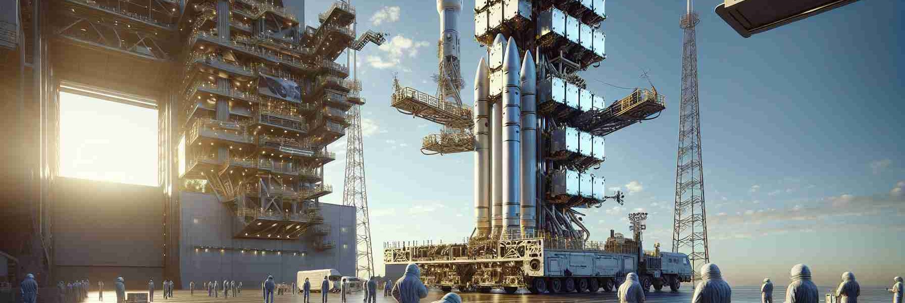 High-definition, realistic portrayal of a modern space agency preparing to deploy new satellites. The scene showcases the launch area bathed in daytime light, with engineers in their protective gear, working diligently. In the foreground, the formidable launch vehicle stands tall, its stark metallic surface gleaming under the sun. Loaded atop this rocket is the satellite array, a network of compact, high-tech cubes, poised for imminent deployment. The environment exudes an air of anticipation and scientific prowess. Can also feature a pleasant blue sky in the backdrop, adding an exciting contrast.