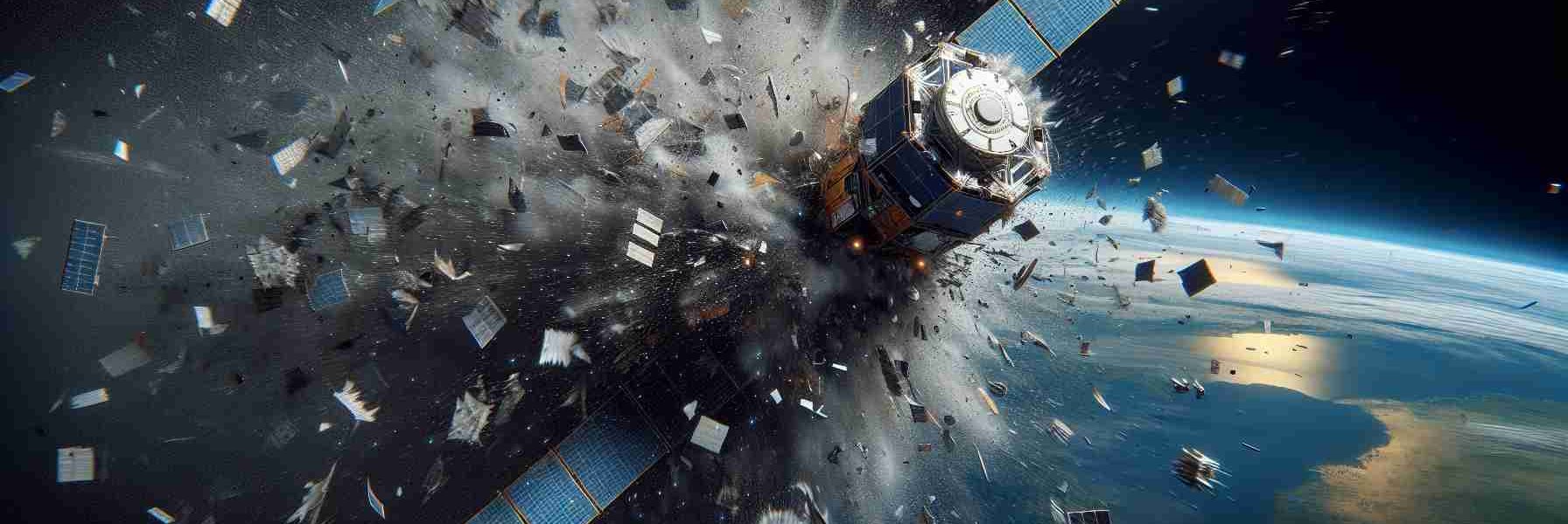 A realistic, high-definition illustration of a satellite breaking up in space. The scene should evoke concerns about space safety. The satellite is in the mid-stages of disintegration, with arrays and modules scattering in various directions. The Earth is visible in the backdrop, providing scale for the event. Radiating outward is space debris, which poses a potential threat to other spacecraft and satellites, noticeably emphasizing the concerns about space safety.