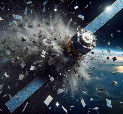 A realistic, high-definition illustration of a satellite breaking up in space. The scene should evoke concerns about space safety. The satellite is in the mid-stages of disintegration, with arrays and modules scattering in various directions. The Earth is visible in the backdrop, providing scale for the event. Radiating outward is space debris, which poses a potential threat to other spacecraft and satellites, noticeably emphasizing the concerns about space safety.